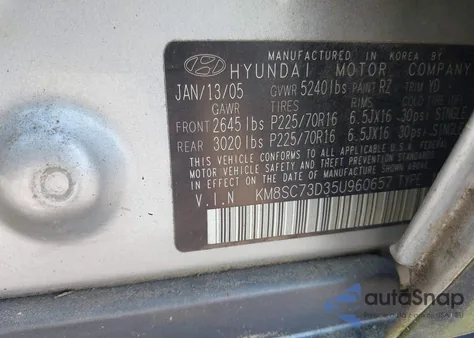 2005 Hyundai Santa Fe Gls z USA, uszkodzony, nr VIN KM8SC73D35U960657